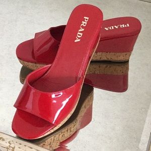 “PRADA” RED PATENT WEDGE SANDLE